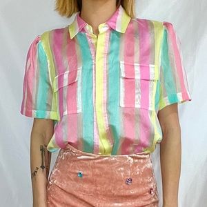 Halogen X Atlantic Pacific pastel sheer striped button down shirt